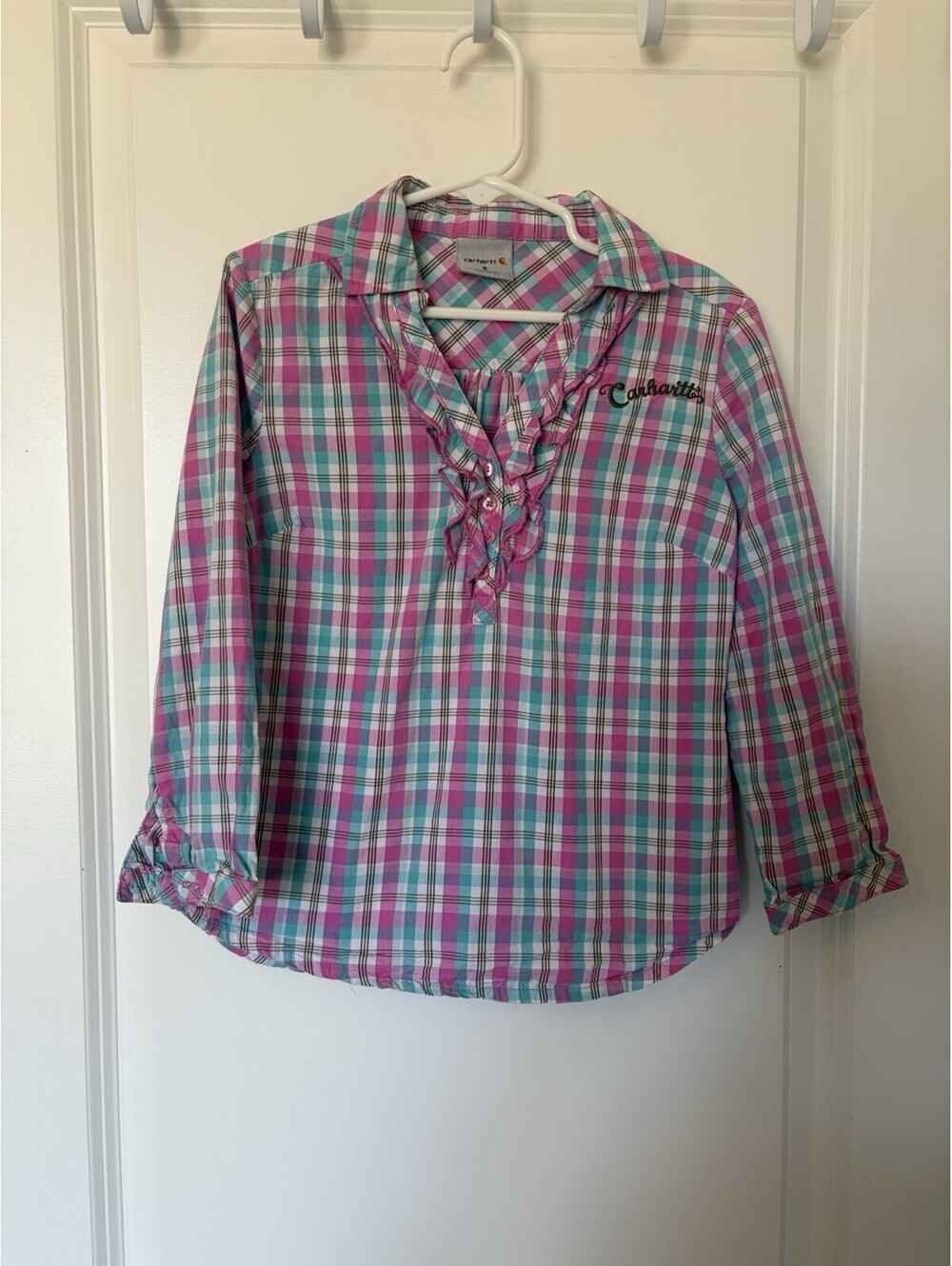 Carhartt Girls Size 5 Pink Plaid Shirt Ruffles Western Farm